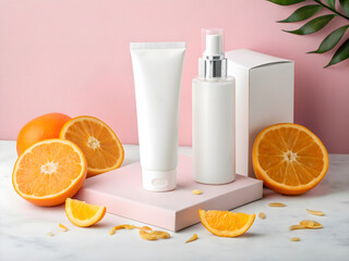 Orange cosmetic cream, beauty lotion, and juice are in plastic and glass containers for clean body care
