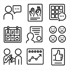 Inclusive Communication Icons. Outline style icons of Inclusive Communication Methods: pictogram speech card, gesture chart, AAC