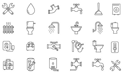 Essential plumbing line icons for maintenance, repair and water systems on isolated background.