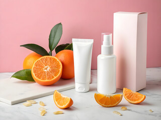 Orange cosmetic cream, beauty lotion, and juice are in plastic and glass containers for clean body care