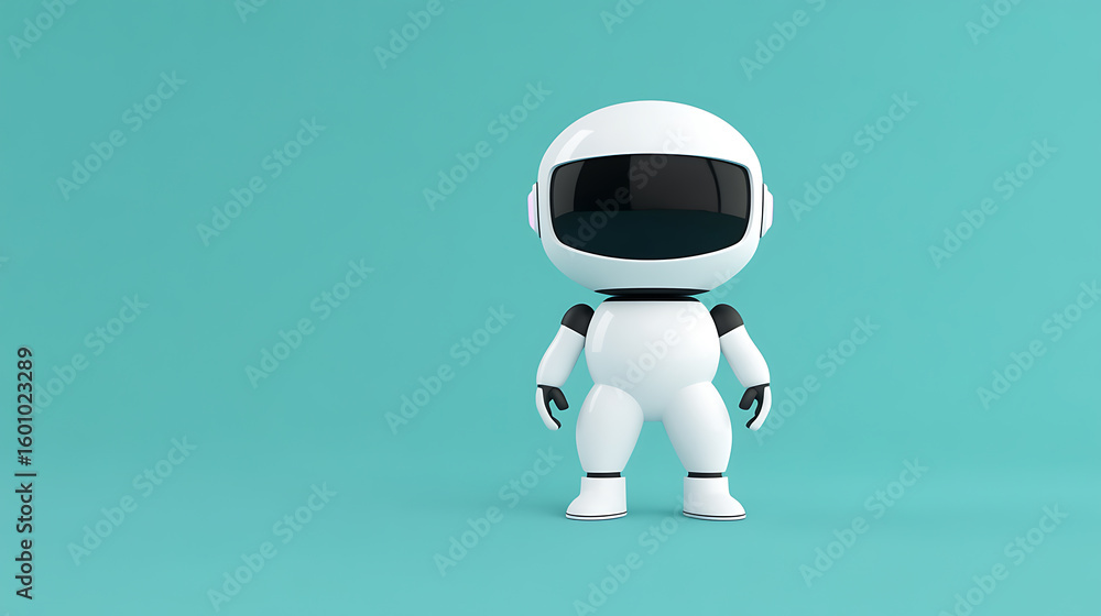 Poster white toy robot on a light teal background, cute robot character with a black visor. artificial inte