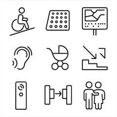 Accessibility Icons Set. Outline style icons of Accessibility at Stops: wheelchair ramp, tactile tiles, Braille map sign, hearing