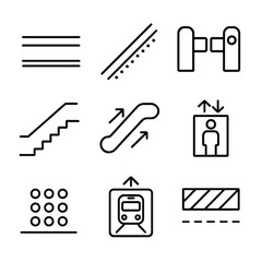 Platform Equipment Icons. Outline style icons of Platform Equipment: platform edge strip, yellow warning line, ticket gate,