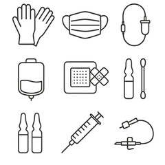 ICU Consumables Icons. Outline style icons of ICU Consumables: sterile gloves, surgical mask, IV tubing, saline bag, wound