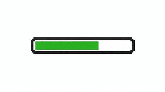 A pixelated progress bar on a white background. Green bars indicate progress within a black-bordered rectangle