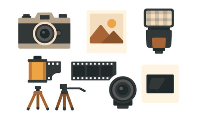 Retro camera equipment collection featuring film and lens icons in flat design