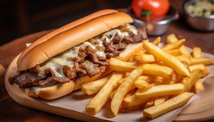 Philly cheesesteak sandwich and french fries
