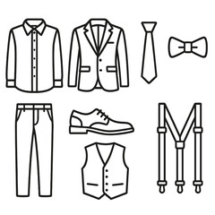 Men's Fashion Icons. Outline style icons of Men’s Fashion: dress shirt, suit, tie, bow tie, blazer, chinos, formal shoes, vest,