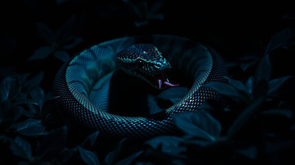 A coiled venomous snake, illuminated in a dark, shadowy environment.