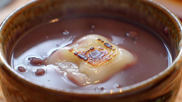 Close Up Of Authentic Japanese Oshiruko Featuring Azuki Bean Soup And Grilled Mochi Served In Wooden Bowl In Warm Lighting
