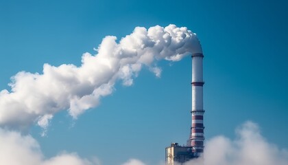 Smoke stack of coal power plant on blue sky background. Place for text