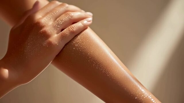 Close-up of woman gently massaging hydrated skin in warm sunlight &mdash; soft slow motion video with golden beige palette &mdash; ideal for skincare branding, wellness campaigns, spa promotions, and body