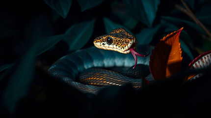 A close-up view of a snake with its tongue extended, surrounded by foliage.