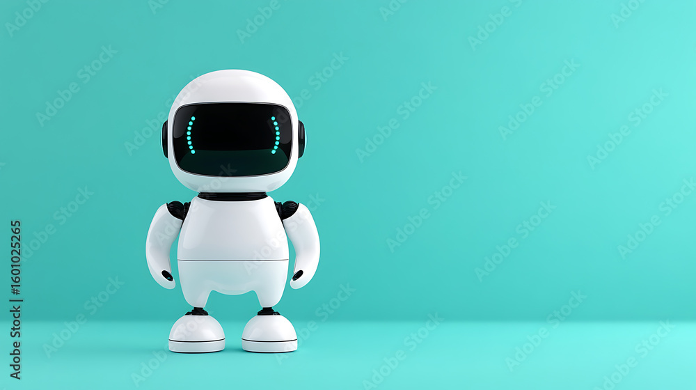 Poster a cheerful white robot with a digital display stands against a cyan background. modern tech meets cl