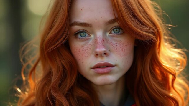 Beautiful redhead Norwegian girl with big eyes and freckles on face in the forest. Portrait of redhead woman closeup in nature, fabulous mysterious appearance long wavy red hair.
