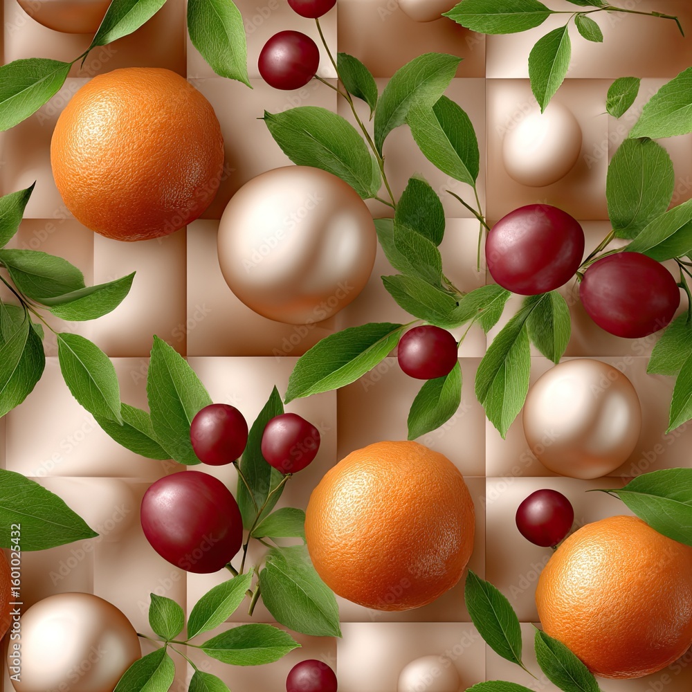 Poster bright and colorful display features fresh oranges and red grapefruits surrounded by green leaves, c