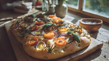 A rustic wooden board holds a large focaccia
