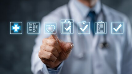 Doctor interacting with digital healthcare icons

