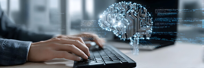 AI, Artificial Intelligence. Machine learning, Chatbot, Businessman using AI technology for data analysis business, coding computer language with digital brain.