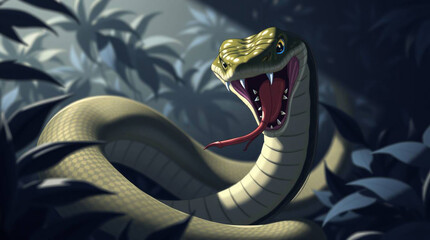 An illustration of a snake with its mouth open, tongue out, in a jungle setting with foliage.