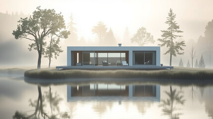 A minimalist lakeside retreat with large picture windows and a flat roof, surrounded by soft mist. The house is white and rectangular, elevated slightly above a tranquil lake that mirrors its form. So