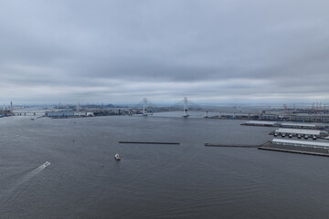 Overcast Sky and Yokohama Bay Bridge (横浜ベイブリッジ) Port View, Japan