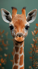 Obraz premium Illustration AI adorable baby giraffe close-up with soft autumn foliage. Animals.
