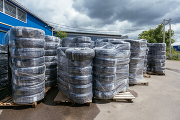 Film packed stock of rolled polyethene pipes