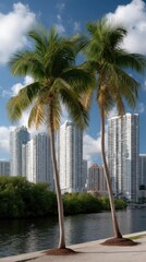 Obraz premium Vibrant skyline reflects in calm waters with swaying palm trees creating a tropical atmosphere on a bright sunny day