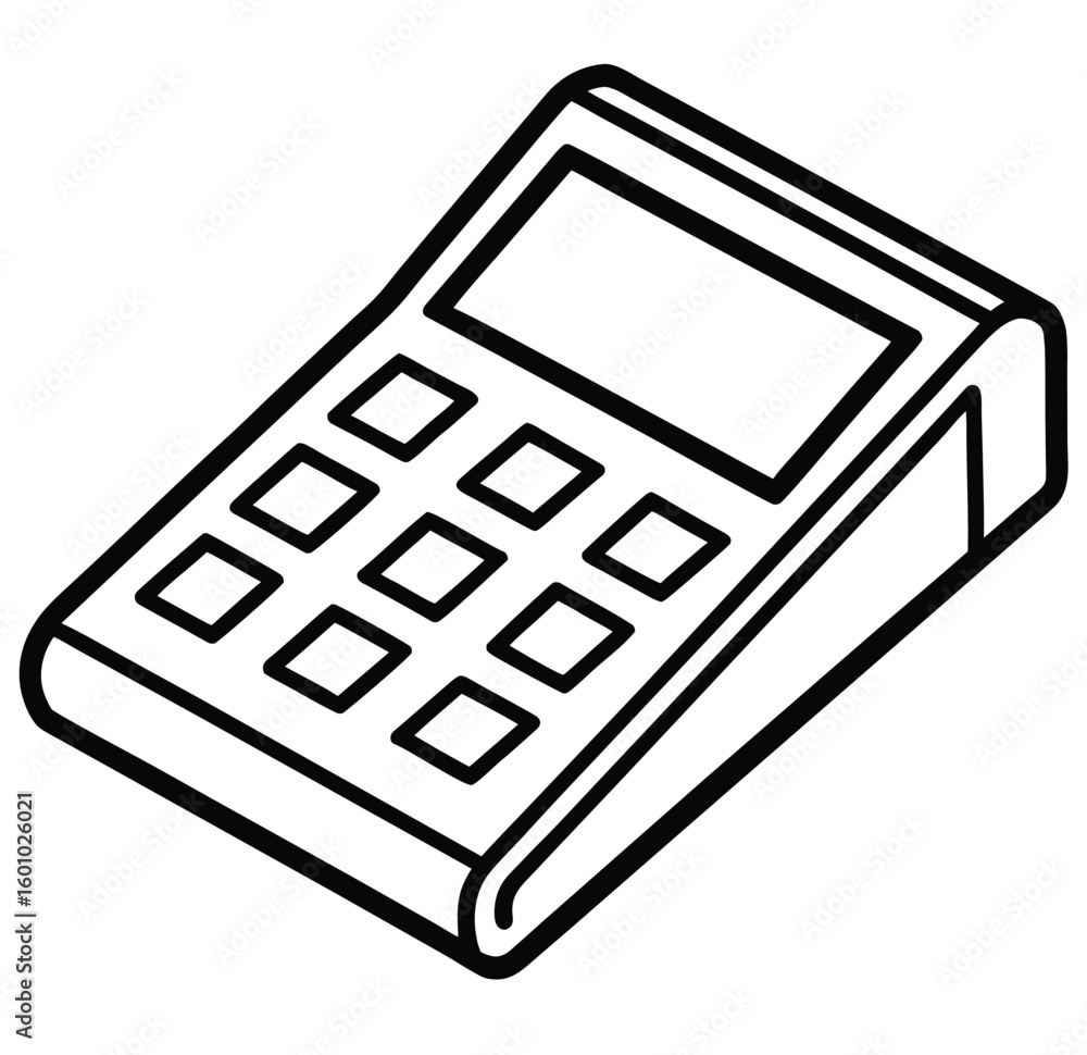 Poster a close-up view of an electronic finance calculator with a black keypad and display, used for busine