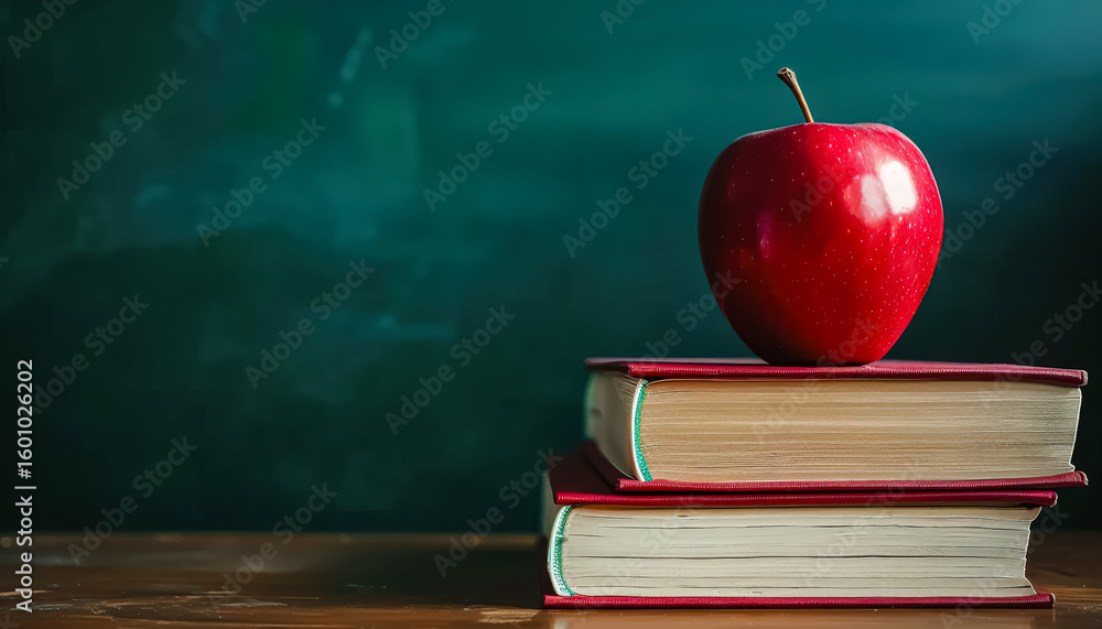 Poster red apple sits on top of two books. the apple is the center of attention and the books are the backg
