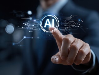 AI agent and generative artificial intelligence. Robotic processes automation and data analysis. Businessman touching head and AI icon on application network system.