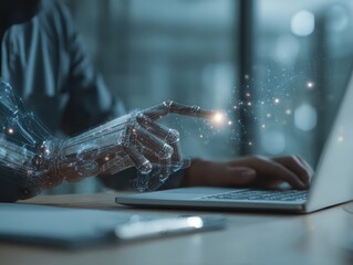 AI agent and intelligent automation IA technology. Business process automation BPA system. Businessman using laptop computer to give instructions to AI at desk in office.