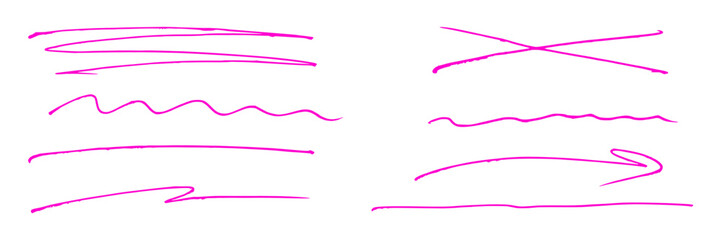 Set of hand drawn neon pink underlines and accent lines, marker strikethrough. Scribble arrow. Note highlighting. Handwritten accent underline element. Vector graphic design.