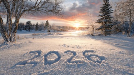 Snowy landscape with 2025 written in snow. Sunrise