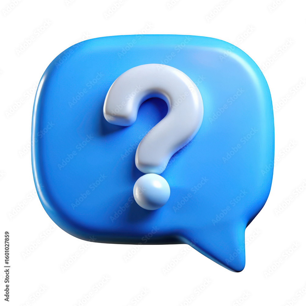 Poster 3d rendered blue speech bubble with white question mark isolated on transparent background