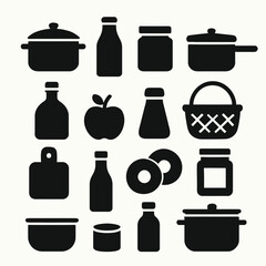 Kitchenware and food silhouette vector icons set cooking utensils and ingredients graphic design elements collection