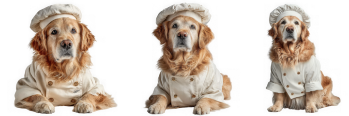 Three golden retriever dogs dressed as chefs in white uniforms and hats sit and lie down posing for the