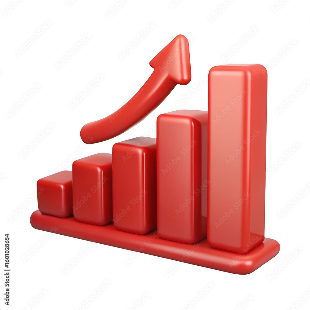Poster 3d rendered red bar graph with upward arrow isolated on transparent background