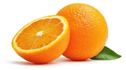 Fresh oranges with juicy cross-section isolated on white