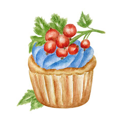 Muffin with red currant berries and cream, watercolor illustration. Design element for pastry shops, bakeries, and birthday cards. A sweet treat with fresh berries.