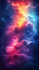 Illustration AI vivid cosmic cloudscape with glowing rainbow light in deep space. Background.