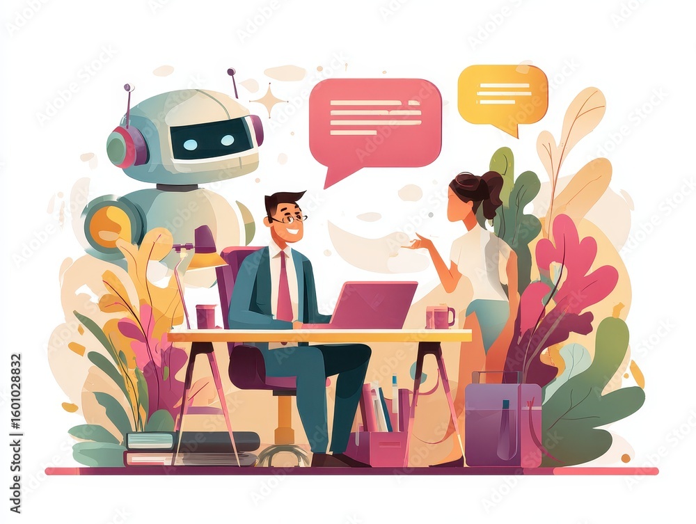 Poster ai agent shopping and booking on internet. man using laptop computer to give instructions to ai at d