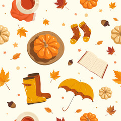 Seamless vector autumn pattern with tea cups, pumpkins, fall leaves, acorns, scarf, and open books. Cozy seasonal background for textile, wrapping paper, wallpapers, or autumn design projects.