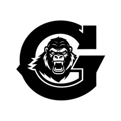Gorilla head logo integrated with bold letter G primate animal © Uttam