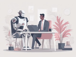 AI agent shopping and booking on internet. Man using laptop computer to give instructions to AI at desk.
