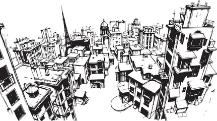 City landscape. Different buildings on street, outline cityscape hand sketch, flat houses. Hand drawn vector illustration