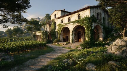Fototapeta premium Vast Italian-style castle surrounded by gardens and rolling hills