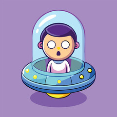 Fototapeta premium An amazed cartoon boy with purple hair is piloting his blue UFO