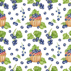 Seamless pattern with sweet cupcakes and black currants. Watercolor print for festive textiles and confectionery packaging. Colorful pattern with a festive cake and summer berries